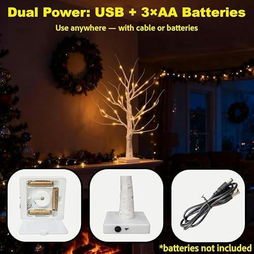60cm White Twig Christmas Tree with Warm White LEDs, USB or Battery Powered Tabletop Decoration image 4