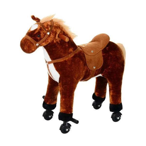 Plush brown ride-on rocking horse toy with wheels, white blaze and tan saddle