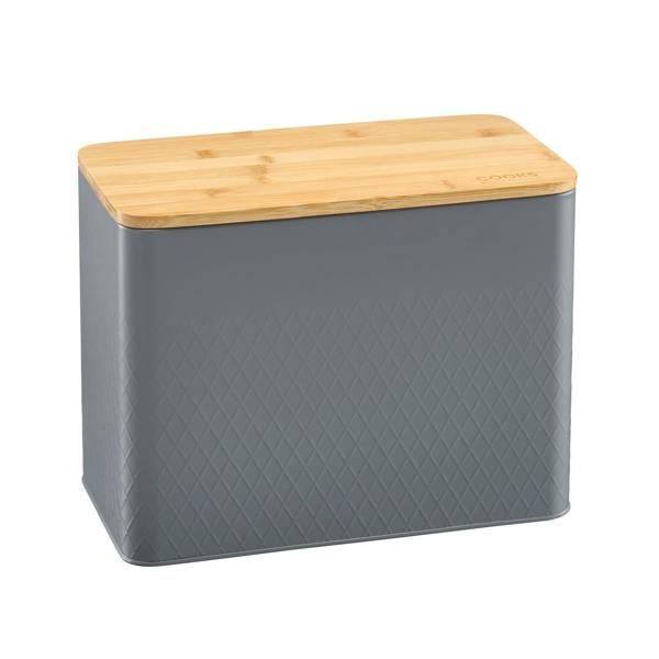 Cooks Professional Embossed Bread Bin, Linen Bag and Bamboo Board Set | Grey
