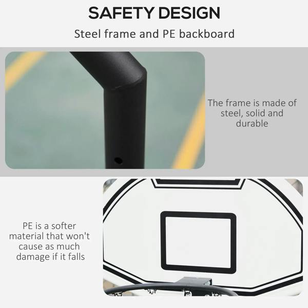 White backboard with black rim on black frame basketball hoop, close-up detail