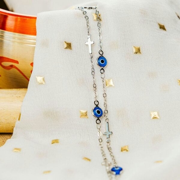 The Colourful Aura Blue Evil Eye Sideways Cross Necklace Minimalist Choker Dainty Protection Choker