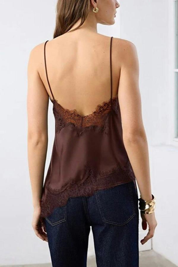 WOVCOR Asymmetrical Cut Satin Blouse with Lace Detail