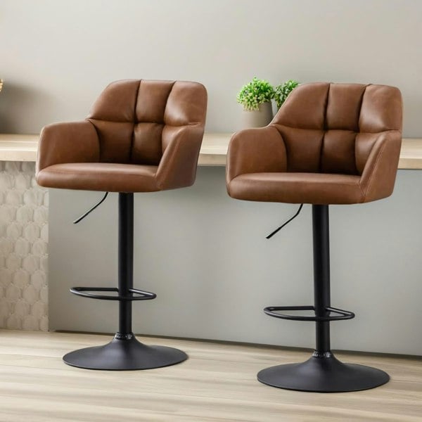 Rafaelo Mobilia 2PC Height Adjustable 360 PU Leather Swivel Bar Stools Set With Armrest Brown