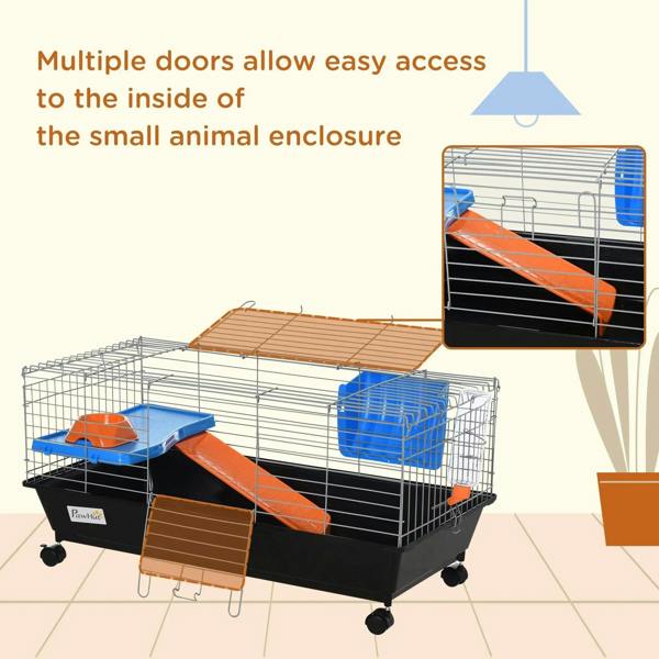 Black small animal cage with open access panels, blue water bottle, and orange ramp