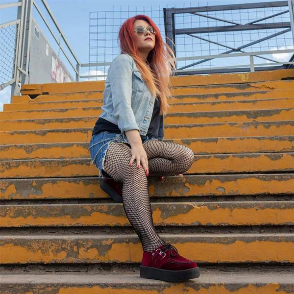 TUK Footwear TUK Viva High Creeper Burgundy Velvet Platform Lace-Up Goth Shoes - AV6802