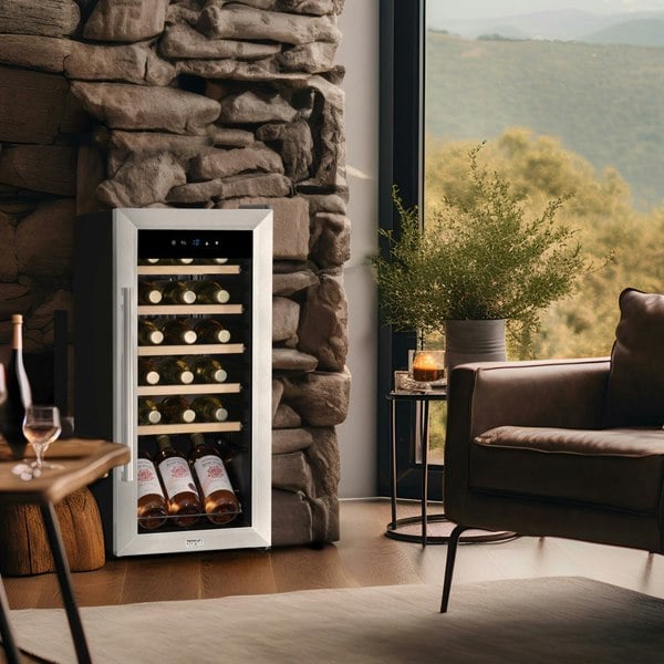 18 Bottle Freestanding Wine Cooler Fridge LED Backlit Wood Shelf STAINLESS STEEL - LoopsDirect