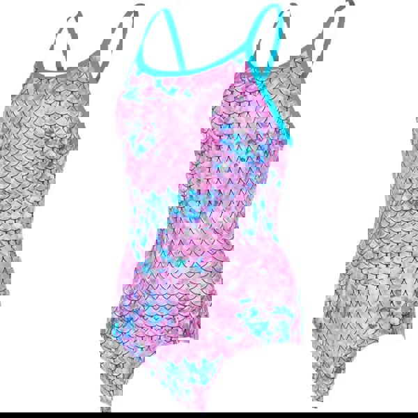 Zoggs Sirene sparkle thermal ecofeel swimsuit with pink, blue, purple scales