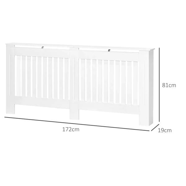 White radiator cover cabinet with slatted front grill and side posts; size labeled.