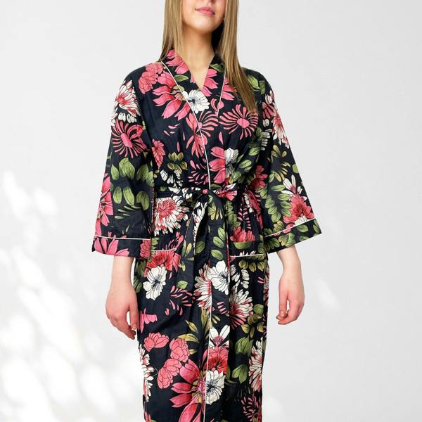 Hayley & Co Black and Pink Flower Print 100% Cotton Dressing Gown