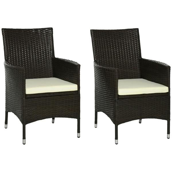 Set of 2 outdoor armchairs with dark rattan weave and cream seat cushions
