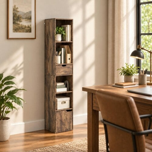 HOMCOM 6-Tier Bookcase with Drawer and Door for Living Room, Rustic Brown