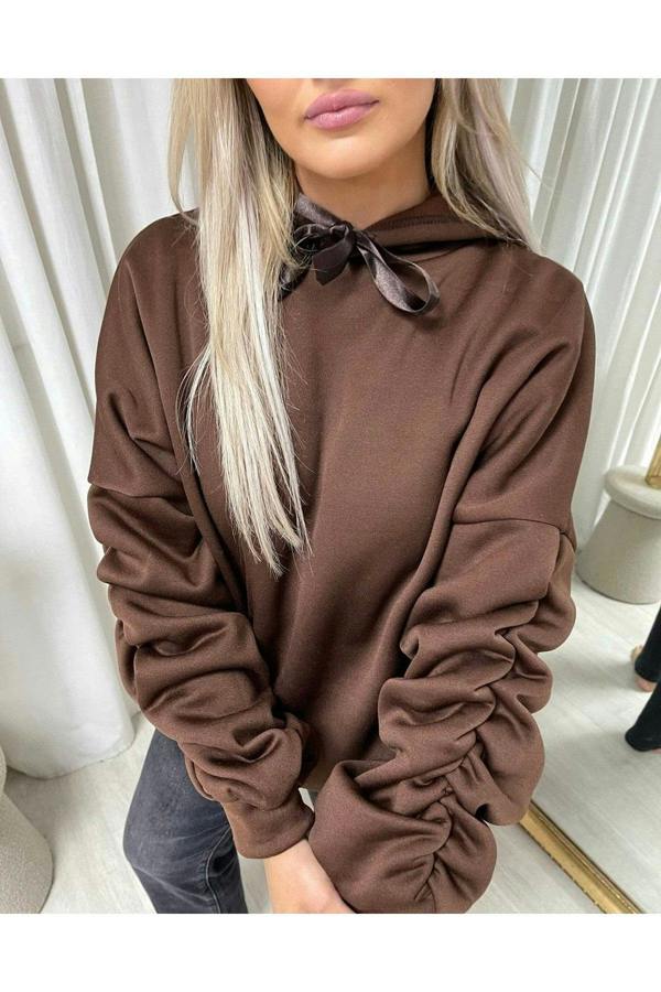 Clarissa Oversized Ruched Sleeves Knitted Hoodie With Ribbon Detail - Brown