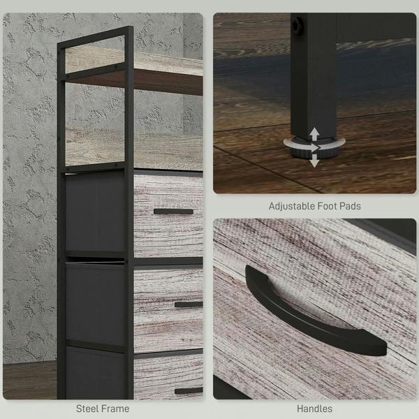 Seven-drawer cabinet details: steel frame, fabric drawer fronts, curved handles, foot pads