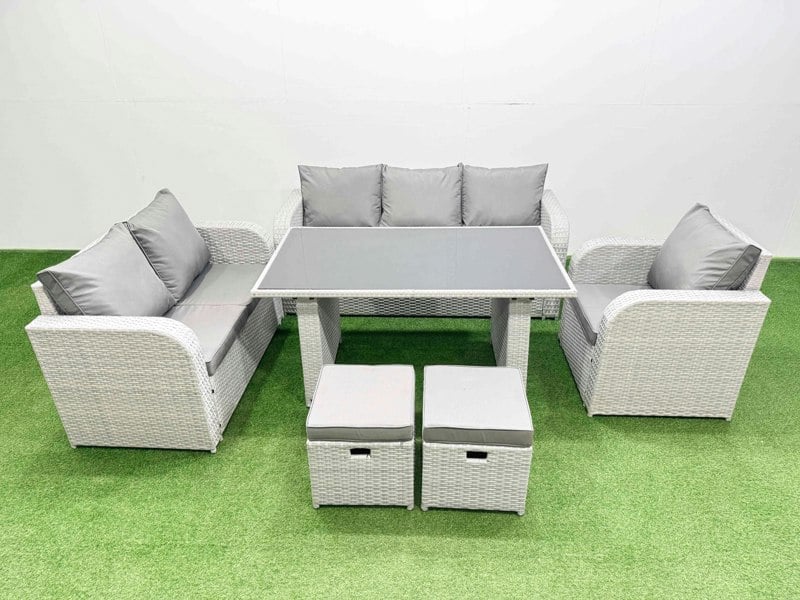 Fimous Rattan Outdoor Table Reclining Chair Sofa Set with 2 Small Stools Light Grey 8 Seater