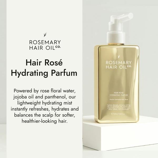Hair Rosé Hydrating Parfum Mist. Rosemary hair oil, hair rose, hydrating parfum, fragrance, rosewater, jojoba oil, nourishing, natural, protect, healthy hair, growth, hair growth, 200ml
