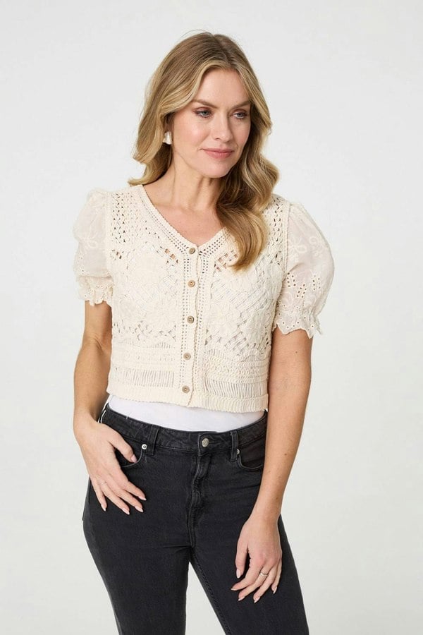 Cream | Crochet Mesh Short Sleeve Crop Cardigan
