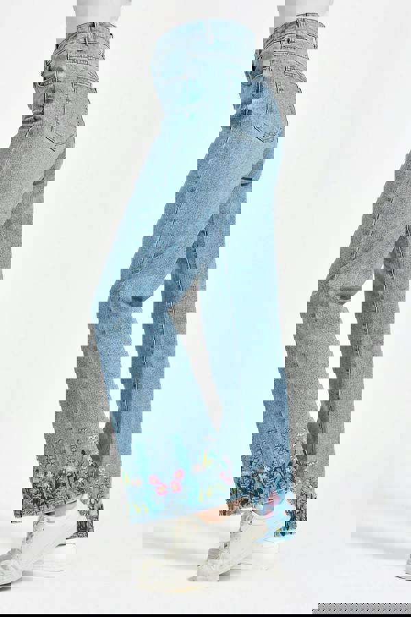 Mudflower Floral Embroidered Wide Leg Denim Jeans