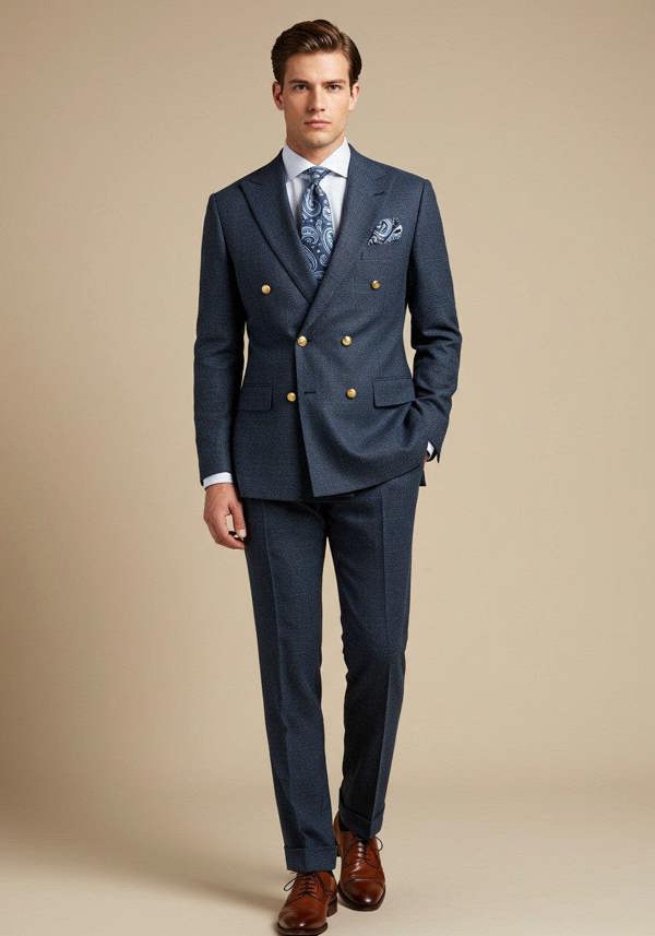 Men's Navy Double-Breasted Suit With Gold-Tone Buttons