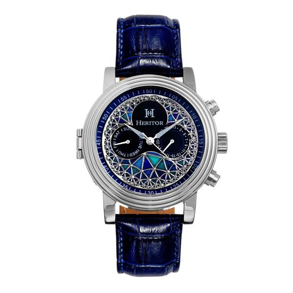 Heritor Automatic Legacy Leather-Band Watcch w/Day/Date - Silver/Blue - HERHR9702
