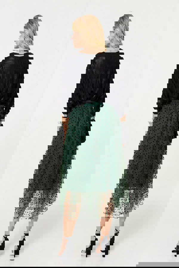 Green | Polka Dot Layered Mesh Midi Skirt
