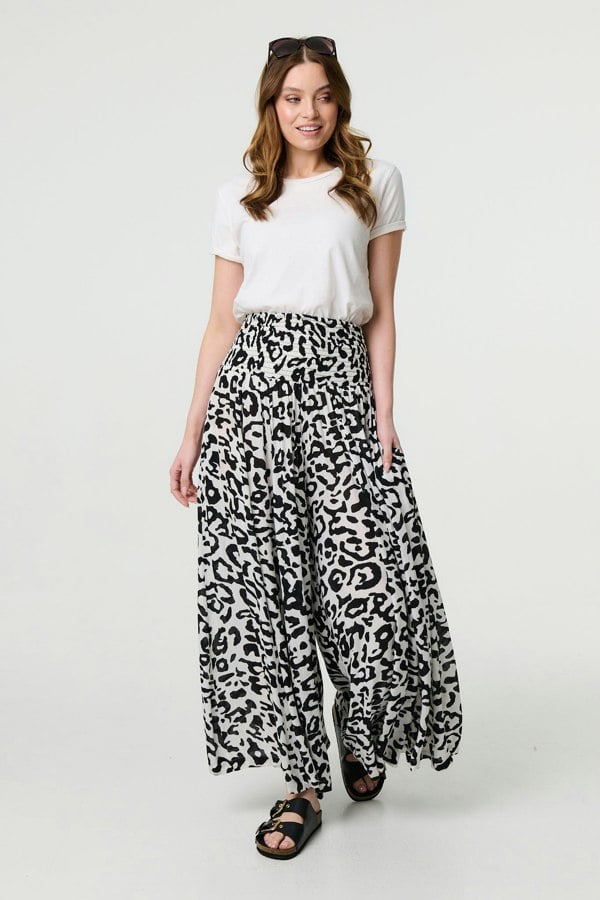White | Animal Print High Waist Palazzo Pants
