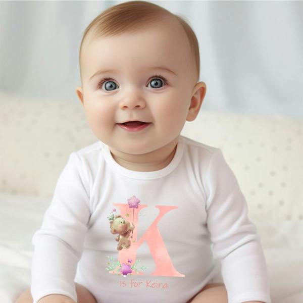 Personalised Pink Initial Teddy Baby Grow, Vest or Bib with Name