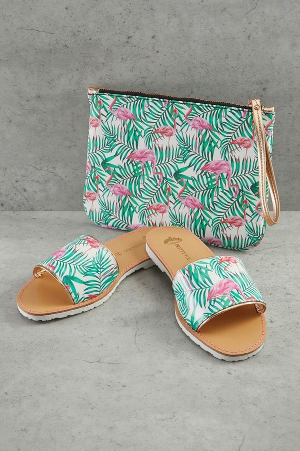 Pretty You London Flamingo Printed Slide and Clutch Set