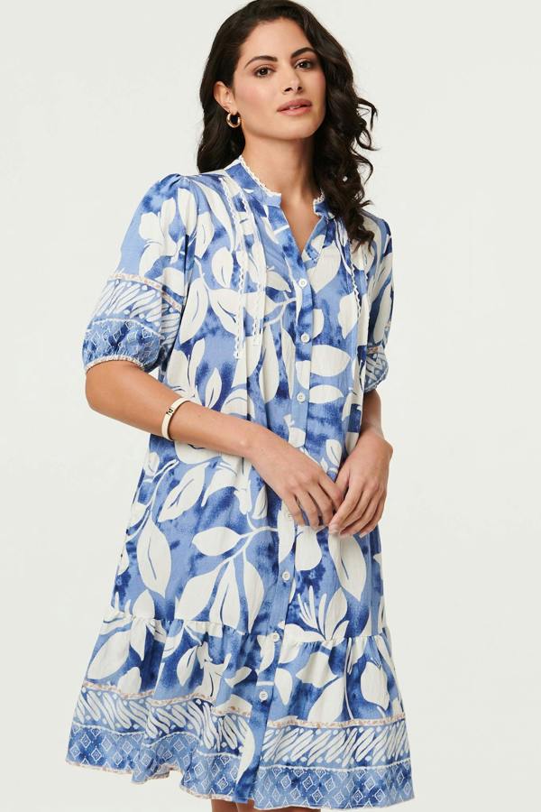 Blue | Leaf Print 1/2 Sleeve Knee Length Dress