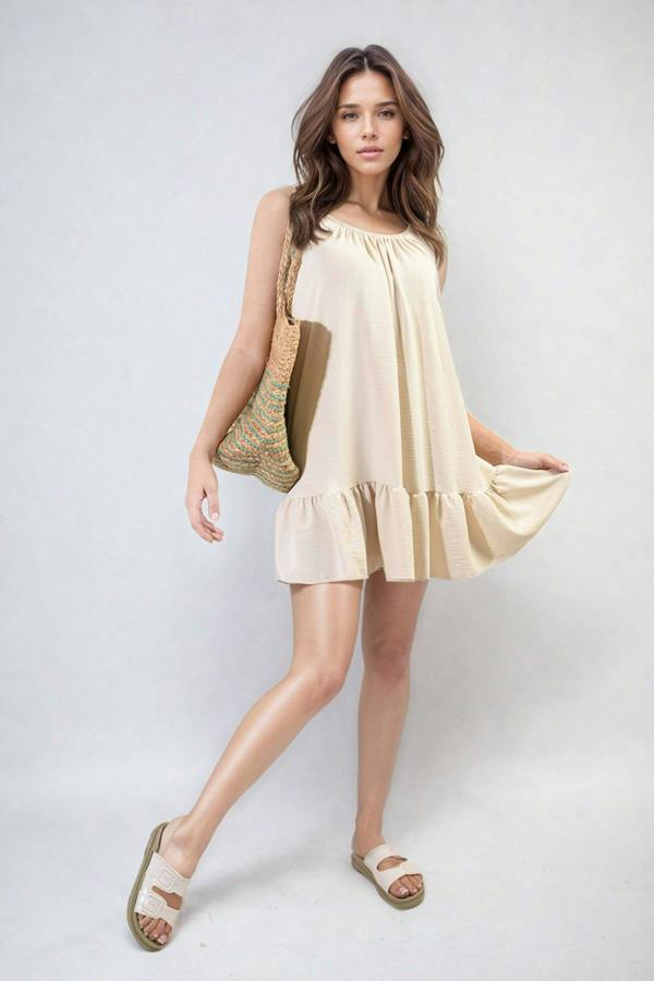 Faye Backless Tie-up Spaghetti Strap Frill Hem Mini Dress - Beige