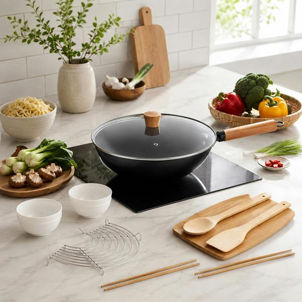 Gr8 Home 10 Pc Carbon Steel Non Stick Wok Pan Gift Set With Lid Utensils Bowls Chopsticks