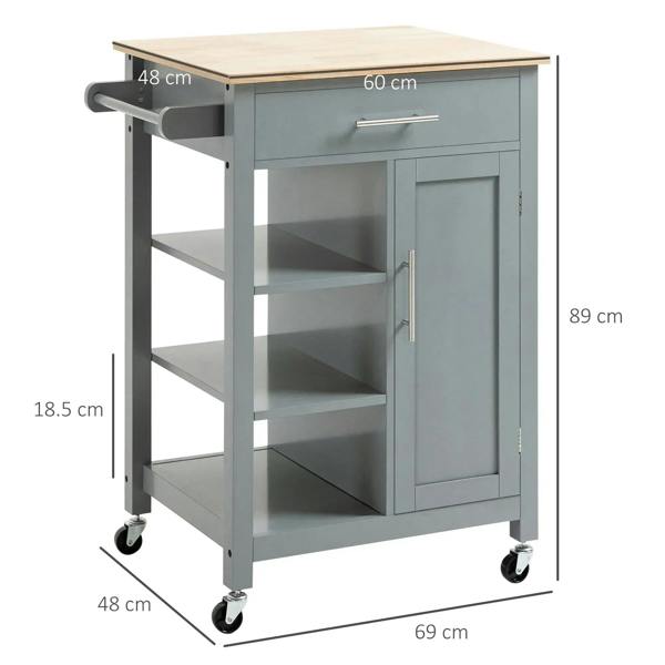 Grey kitchen trolley cart with open shelves, drawer, and side cabinet, on wheels