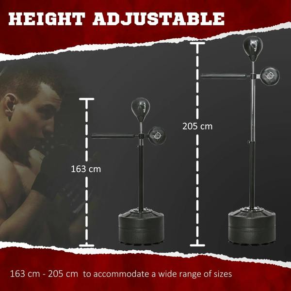 Adjustable height black boxing stand with reflex bar, speed bag targets, and base