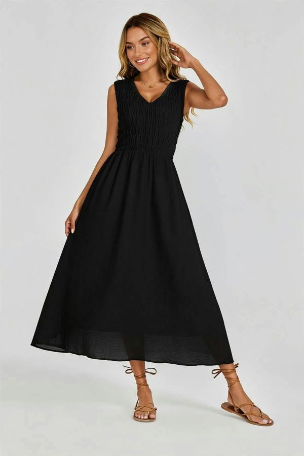 FS Collection Shirred Midi Dress with Sleeveless V-Neck In Black