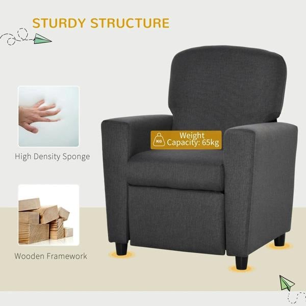 Grey kids armchair sofa with footrest, high back and padded armrests front view