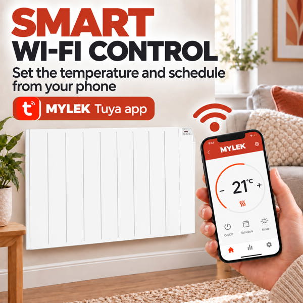 MYLEK Electric Radiator Panel Heater WIFI Smart APP Eco 2000W Bathroom Safe Wall Mounted Timer Thermostat
