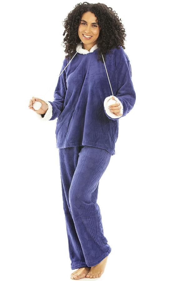 Camille  Womens Navy Supersoft Fleece Hooded Pyjama Set
