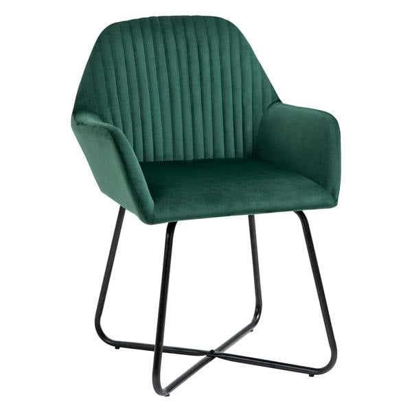 Green accent chair with armrests and tufted back, featuring a black metal sled frame