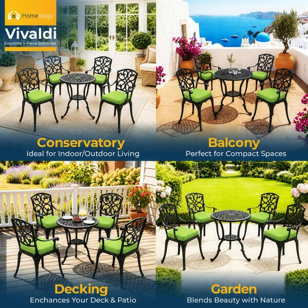 Homeology VIVALDI Black 5-Piece Cast Aluminium Garden Bistro Set - with Green Cushions