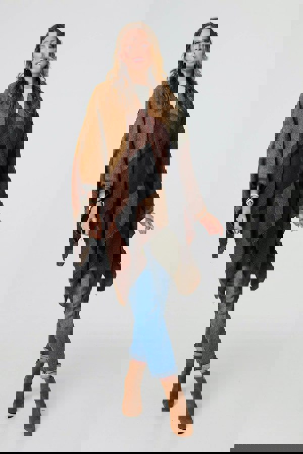 Brown | Colour Block 3/4 Sleeve Relaxed Poncho
