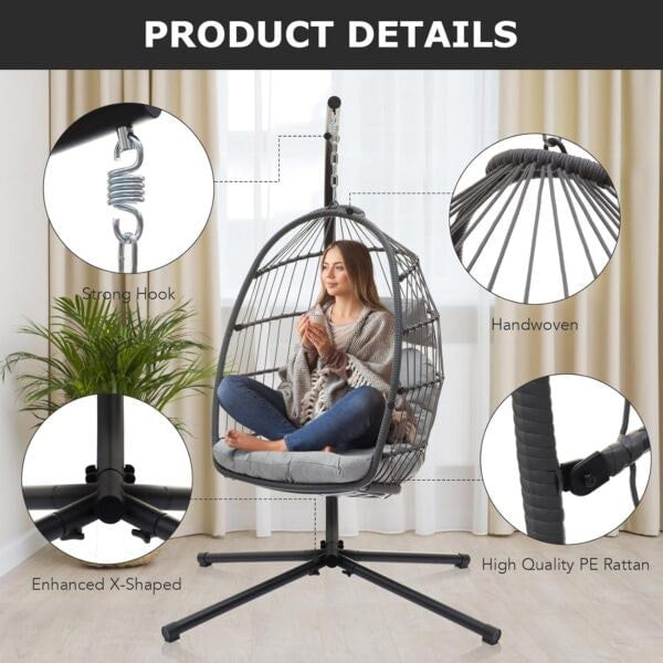 Leaper Rattan Foldable Hanging Egg Chair with Cushion Stand
