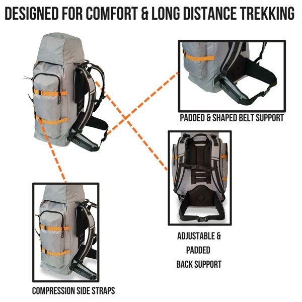 An image depicting the features of the 65L Grey Rucksack