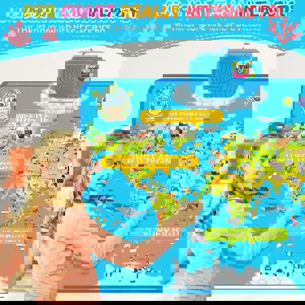 deAO Toys Interactive Talking World Animal Map for Kids 105+ Animal Sounds & Facts Educational Touch Poster Toy Learn Geography Animals & Fun Quizzes