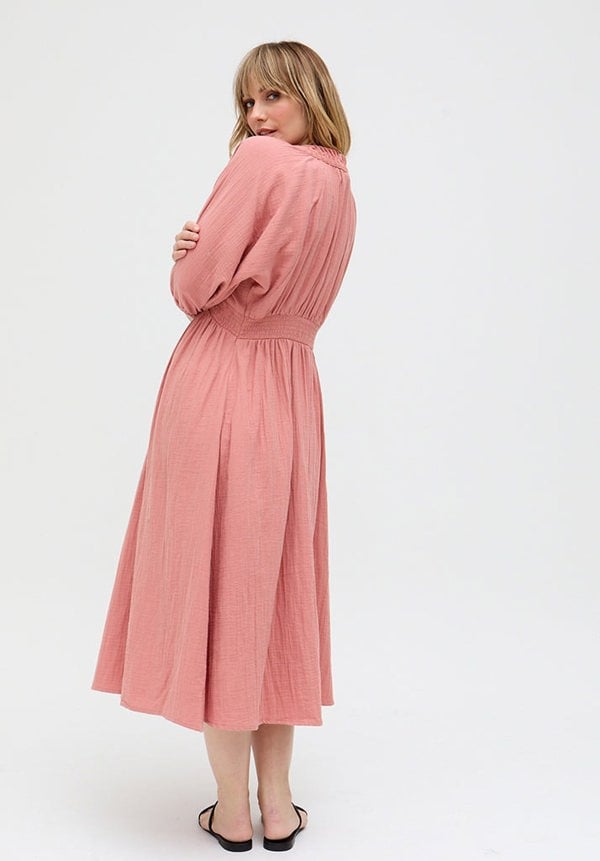 Raffya Soipoi Ruched V-Neck Midi Dress In Pink