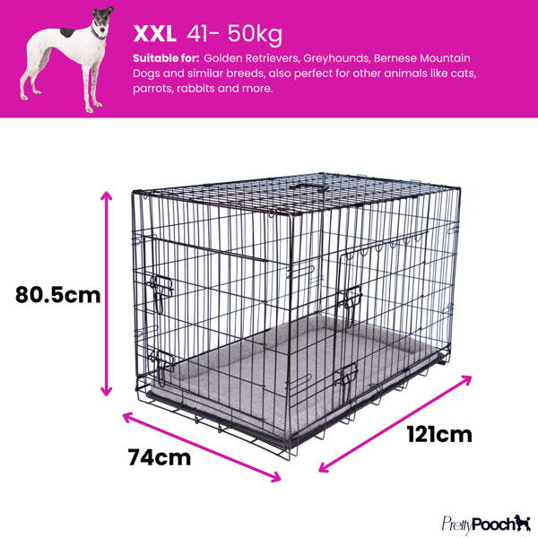 Pretty Pooch Dog Cage XXL Crate Puppy Cat Pet Training Crate Metal Folding with Tray Double Door and Bed 48"