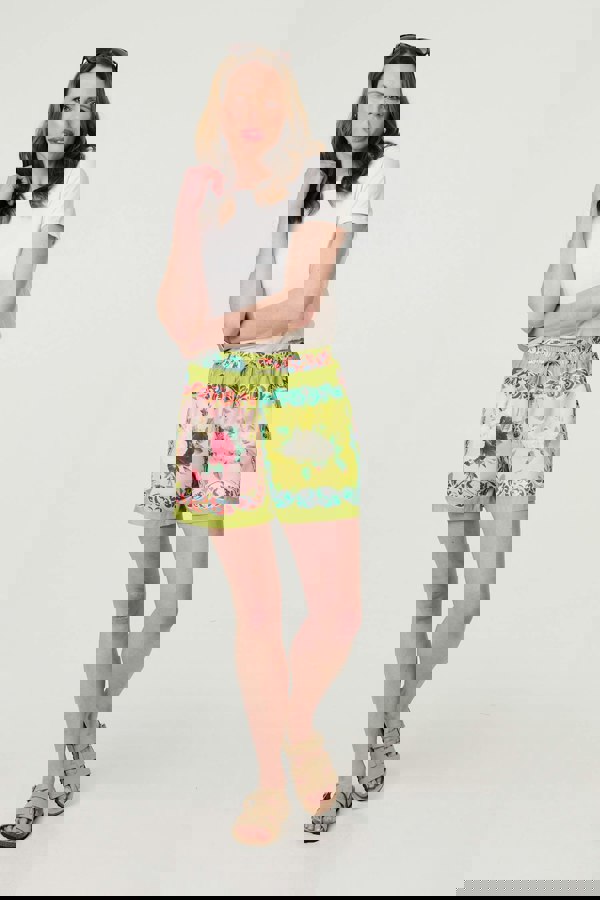 Yellow | Mosaic Print Tie Waist Relaxed Shorts
