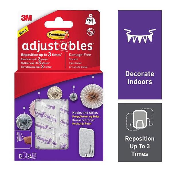 Command 17830CLR-12UKN Adjustables Repositionable Hooks 225g 12pk - One Colour - 