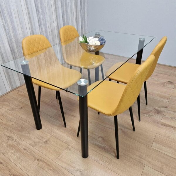 Kosy Koala White Clear Glass Dining Table with 4 Mustard Chairs Dining Room Furniture 120cm