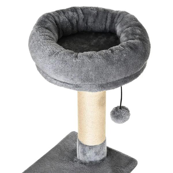 Grey circular cat bed on a vertical scratching post with dangling toy ball