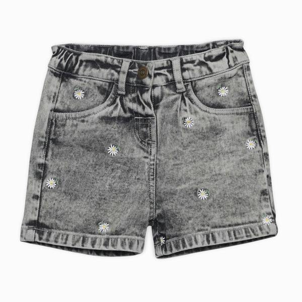 Mini Cuddles Baby Girls Daisy Embroidered Denim Shorts, Grey