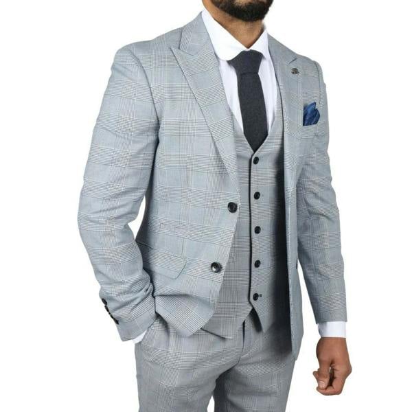 Infinity Leather Men's Blue Checked 3 Piece Suit Tailored Fit Suit Formal Wedding